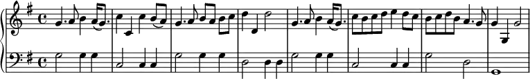 \version "2.18.2"
\new PianoStaff <<
\new Staff {
\key g \major
g'4. a'8 h'4 a'16\( g'8.\) \noBreak
c''4 c' c''4 h'8\( a'\) \noBreak
g'4. a'8 h'8[ a'] h' c'' \noBreak
d''4 d' d''2 \noBreak
g'4. a'8 h'4 a'16\( g'8.\) \noBreak
c''8 h' c'' d'' e''4 d''8 c'' \noBreak
h'8 c'' d'' h' a'4. g'8 \noBreak
g'4 g g'2
}
\new Staff {
\clef bass \key g \major
g2 g4 g c2 c4 c g2 g4 g d2 d4 d
g2 g4 g c2 c4 c
g2 d g,1
}
>> 