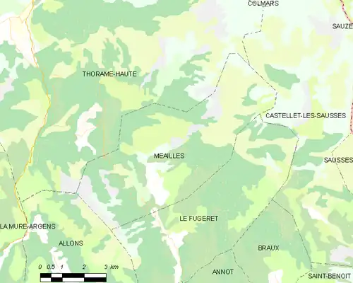 Carte élémentaire montrant les limites de la commune, les communes voisines, les zones de végétation et les routes