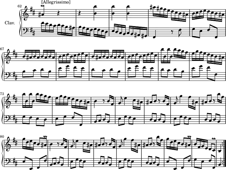 
\version "2.18.2"
\header {
  tagline = ##f
}

%% les petites notes
trillAisq = { \tag #'print { ais8\prall } \tag #'midi { b32 ais b ais } }
trillCisq = { \tag #'print { cis8\prall } \tag #'midi { d32 cis d   \tempo 4 = 20 cis } }


upper = \relative c'' {
  \clef treble 
  \key b \minor
  \time 2/4
  \tempo 4 = 112
  \set Staff.midiInstrument = #"harpsichord"
  \set Score.currentBarNumber = #62
  \omit Staff.TimeSignature
    \bar ""

     s8*0^\markup{[Allegrissimo]}
     ais4\prall r4 | r4 < b b' >4 q q | ais'16 gis fis e d cis b ais | b cis d e d cis b ais \repeat unfold 2 { \repeat unfold 4 { b ais } |
     % ms. 68
     b16 cis d b cis d e cis } | \repeat unfold 2 { b'16 b, b' b, b' a g fis | e g fis e d cis b ais } |
     % ms. 75
     b4 r8 b16 fis | g8 e'4 cis16 ais | ais8 b r8 b16 fis |
     % ms. 78
     g8 g'4 fis16 ais, | ais8 b r8 b'16 fis | g d e cis b8 \trillAisq | b4 r8 b16 fis | g8 e'4 cis16 ais | ais8 b r8 b16 fis |
     % ms. 84
     g8 g'4 fis16 ais, | ais8 b r8 b'16 fis | g d e cis b8 \trillAisq | b16 fis g e   \tempo 4 = 72 d8   \tempo 4 = 100 \trillCisq   \tempo 4 = 40 b4

}

lower = \relative c' {
  \clef bass
  \key b \minor
  \time 2/4
  \set Staff.midiInstrument = #"harpsichord"
  \omit Staff.TimeSignature

    % **************************************
     fis16 e d cis d cis b ais | b a g fis g fis e d | e d cis b cis b ais gis | fis4 r8 fis'8 | g8 e fis fis, | b' cis d b |
     % ms. 68
     \repeat unfold 2 { e8 g fis e | d cis d b } | e8 g fis fis, |
     % m. 73
     g8 fis e d | e g fis fis, | b cis d b | \repeat unfold 2 { e g fis e | d cis d b } |
     % ms. 80
     e8 e, fis fis' | b, cis d b | \repeat unfold 2 { e8 g fis e | d cis d b } | e8 e, fis fis' | g e fis fis, | b4 \bar ":|." 

}

thePianoStaff = \new PianoStaff <<
    \set PianoStaff.instrumentName = #"Clav."
    \new Staff = "upper" \upper
    \new Staff = "lower" \lower
  >>

\score {
  \keepWithTag #'print \thePianoStaff
  \layout {
      #(layout-set-staff-size 17)
    \context {
      \Score
     \override SpacingSpanner.common-shortest-duration = #(ly:make-moment 1/2)
      \remove "Metronome_mark_engraver"
    }
  }
}

\score {
  \keepWithTag #'midi \thePianoStaff
  \midi { }
}
