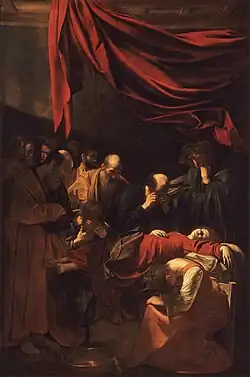 Peinture représentant une femme vêtue de rouge expirant, entourée de nombreuses personnes.