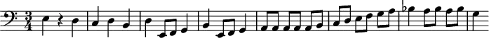 
\header {
  tagline = ##f
}

\score {
  \new Staff \with {

  }
<<
  \relative c {
  \clef bass
    \key c \major
    \time 3/4
    \tempo 4 = 110
    \override TupletBracket #'bracket-visibility = ##f 
    %\autoBeamOff
    \set Staff.midiInstrument = #"string ensemble 1"

     %%%%%%%%%%%%%%%%%%%%%%%%%% 5e chosta premier thème {{2e|mouvement}}
     e4 r4 d4 c d b d e,8 f g4 b e,8 f g4 a8[ a] a a a[ b] c d e[ f] g a bes4 a8[ bes] a bes g4

  }
>>
  \layout {
    \context {
      \Score
      \remove "Metronome_mark_engraver"
    }
  }
  \midi {}
}
