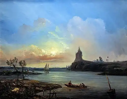 Vue d'un estuaire avec des pêcheurs et un château imaginaire (1848), huile sur laiton Musée Goya[27]