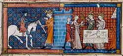 Enluminure du roman de Perceval datant du XIIe siècle où est montré Perceval recevant une épée du roi Pêcheur