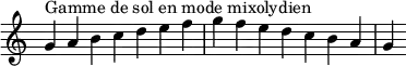 {
\override Score.TimeSignature #'stencil = ##f
\relative c'' {
\key g \mixolydian
\clef treble \time 7/4
g4^\markup { Gamme de sol en mode mixolydien } a b c d e f g f e d c b a g
} }