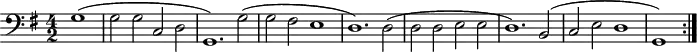 \version "2.14.2"
\header {
tagline = ##f
}
\score {
\new Staff \with {
}
<<
\relative c' {
\key g \major
\clef bass
\time 4/2
\tempo 2 = 80
\override TupletBracket #'bracket-visibility = ##f
\autoBeamOff
\set Staff.midiInstrument = #"harpsichord"
%%%%%%%%%%%%%%%%%%%%%%%%%% Ruggiero
\repeat volta 2 {
\partial 1 g1( g2 g c, d g,1.)
g'2( g fis e1 d1.)
d2( d d e e d1.)
b2( c2 e d1 g,1)
}
}
>>
\layout {
\context { \Score \remove "Metronome_mark_engraver" }
\context {
\remove "Metronome_mark_engraver"
}
}
\midi {}
}