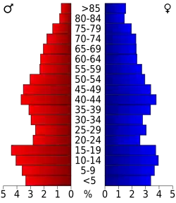Schéma représentant la population du comté, par tranche d'âge. En rouge, à gauche, les femmes, en bleu à droite, les hommes.