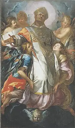 Tableau en couleur. Un personnage debout coiffé d'une myrte est entouré de trois chérubins ailés. À ses pieds deux sujets agnuillés et ailés le regarde.