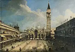 vue plongeante sur la place animée de personnages et, au fond, d'un marché devant la façade de la basilique