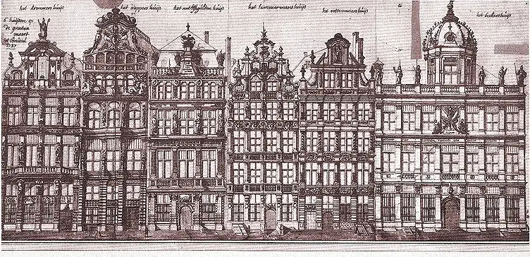 La Maison de la Brouette (deuxième à droite) et ses voisines. Dessin de Ferdinand-Joseph Derons (1727).