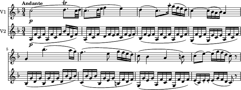 << \new Staff \with { instrumentName = #"V1 "}
\relative c'' {
\version "2.18.2"
\key f \major
\tempo "Andante"
\time 3/4
\tempo 4 = 60
c2 \p (d8. \trill c32 d)
c8. (d32 e f4 e)
d4 (c8.) a'16-. g (f e d)
c4 ~ c16 (bes a bes) a4
g bes'4. (a16 g)
f4. (e8 g16 f e d)
c8 (bes4 a b8)
c (e) ~ e16 (g f d c8) r
}
\new Staff \with { instrumentName = #"V2 "} \relative c' {
\key f \major
\set Staff.midiMinimumVolume = #0.2 \set Staff.midiMaximumVolume = #0.5
a16 \p (f' c f a, f' c f bes f d f)
a, (f' c f d f e f c f e f)
bes, (f' e f a, f' c f a, f' d f)
g, (f' d f g, e' c e a, f' c f)
bes, (g' d g bes, g' d g d bes' g bes)
c, (bes' g bes bes, g' e g b, f' d f)
g, (g' e g a, f' c f g, f' d f)
e (c) e-. e-. e (g f d c8) r
}
>>