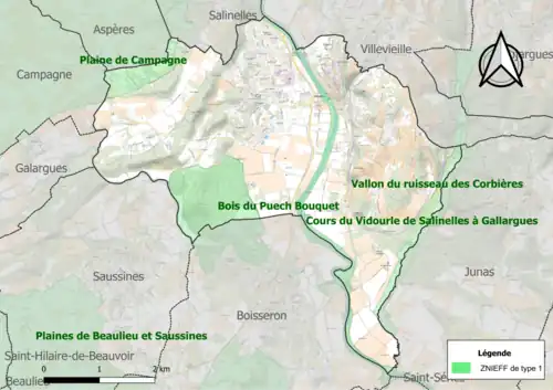 Carte des ZNIEFF de type 1 sur le territoire de la commune.
