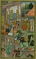 Une cérémonie de remise des prix à la cour du sultan Ibrahim avant une expédition à Sambhal. Miniature fin du XVIe&nbsp;siècle.