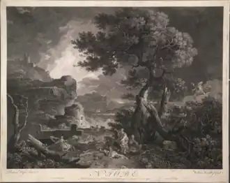 Niobé est au centre, serrant un petit enfant contre elle et lèvant les yeux vers le ciel. À droite, Apollon et Artémis tirent des flèches sur ses enfants. Plusieurs sont déjà morts ou blessés ; les autres, à gauche, tentent de s'échapper. Il y a une masse d'arbres cassés à l'extrême droite, une forteresse et une mer orageuse avec un éclair à gauche. L'image est dans le sens inverse de celui du tableau, à savoir que l'arbre du premier plan est à droite et la forteresse à gauche.