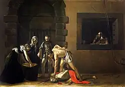 Toile représentant un homme décapité dont le bourreau ramasse la tête pour la mettre dans un plat porté par une femme.