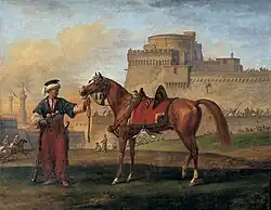 Peinture d'un homme en costume arabe tenant son cheval face à lui, vu de profil.