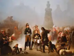 Peinture représentant La Rochejaquelein, debout, le prince de Talmont assis sur une chaise face à une table ou est présentée une carte et Jean Chouan, de dos, au milieu d'une foule d'hommes et des femmes sur une place de la ville.