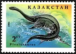 Timbre kazakh de 1994 avec un Plesiosaurus.