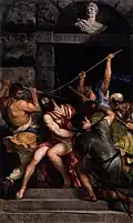 Toile montrant des hommes qui enfoncent une couronne d'épines sur la tête d'un autre.
