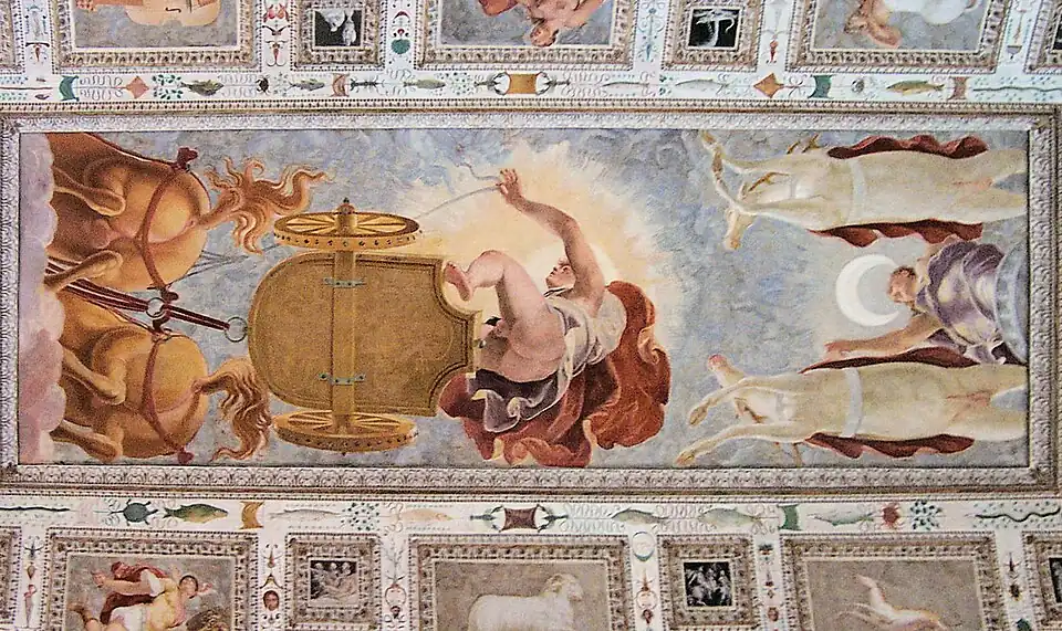 Le Char d'Apollon, vers 1550, Vicence, palais Chiericati, plafond du vestibule d'entrée.