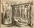 Destruction des Indiens d'Amérique par des soldats espagnols au début du XVIe s. (gravure, 1664)