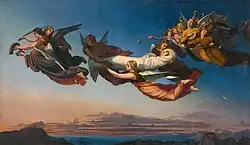 Trois anges volent, portant le corps d’une femme en linceul, précédés par ceux qui tiennent plume et couronne, et suivis de chanteurs.