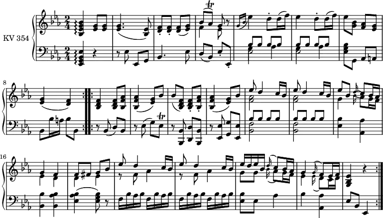 \version "2.14.2"
\header {
tagline = ##f
}
upper = \relative c'' {
\clef "treble"
\key ees \major
\time 2/4
\tempo 4 = 72
\set Staff.midiInstrument = #"piano"
\repeat volta 2 {
<bes, ees g bes>4\arpeggio <ees g>8 <ees g>
<ees g>4. (<bes ees>8)
<d f>-. <d f>-. <d f> (<ees g>)
<<{ \stemDown f4 ees8} \\ { \stemUp bes'8 ^ (aes ^ \trill) g}>> r8
\grace {g16 (bes} ees4) d8-. d16 (f)
ees4 d8-. d16 (f)
ees8 <g, bes> <f aes> <ees g>
<ees g>4 (<d f>)
}
\repeat volta 2 {
<bes d f>4 <bes d f>8 <bes f' aes>
<bes f' aes>4 (<ees g>8) bes'
bes ( <bes, d f>8) <bes d f>-. <bes f' aes>-.
<bes f' aes>4 ( <ees g>8) bes'
<< {\stemDown <f aes>2} \\ { \stemUp ees'8 d4 c16 bes}>>
<< {\stemDown <f aes>2} \\ { \stemUp ees'8 d4 c16 bes}>>
<< {\stemDown g4 \grace bes16 (aes8) g16 f ees4 d d ees} \\ { \stemUp ees'8 bes \grace d16 ( c8) bes16 aes g4 f f8 fis g bes}>>
<< { \stemUp ees8 d4 c16 bes ees8 d4 c16 bes ees d ees bes \grace d16 (c8) bes16 aes g4 \grace g16 (f8) ees16 f} \\ {\stemDown r8 f aes4 r8 f aes4 g8 g \grace bes16 (aes8) g16 f ees4 \grace ees16 (d8) c16 d}>>
<g, bes ees>4 r
}
}
lower = \relative c {
\clef "bass"
\key ees \major
\time 2/4
\set Staff.midiInstrument = #"piano"
\repeat volta 2 {
<ees, g bes ees>4 \arpeggio r
r8 ees' ees, g
bes4. ees8
d (bes) ees-. ees,-.
<< {\stemDown ees'2} \\ { \stemDown g4 aes} \\ { \stemUp bes8 bes bes bes}>>
<< {\stemDown ees,2} \\ { \stemDown g4 aes} \\ { \stemUp bes8 bes bes bes}>>
< ees, g bes>8 g, aes a
bes bes'16 a bes8 bes,
}
\repeat volta 2 {
r8 bes8 (d) bes
r ees (g) ees \trill
r <bes, bes'> <d d'> <bes bes'>
r <ees ees'> <g g'> <ees ees'>
<< { \stemDown<bes' f'>2} \\ { \stemUp bes'8 bes bes bes}>>
<< { \stemDown<bes, f'>2} \\ { \stemUp bes'8 bes bes bes}>>
<ees, bes'>4 <aes, aes'>
<bes bes'> <bes aes' bes>
<ees aes bes>4 (<ees g bes>8) r
\repeat unfold 4 {f16 bes aes bes}
<ees, bes'>8 ees aes4
bes <aes, aes'>
ees'8 bes ees,4
}
}
\score {
\new PianoStaff <<
\set PianoStaff.instrumentName = #"KV 354"
\new Staff = "upper" \upper
\new Staff = "lower" \lower
>>
\layout {
\context {
\Score
\remove "Metronome_mark_engraver"
}
}
\midi { }
}
