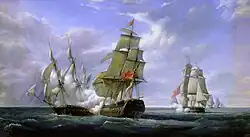 Combat du HMS Tremendous (au premier plan) et du HMS Hindostan contre la frégate française la Canonnière