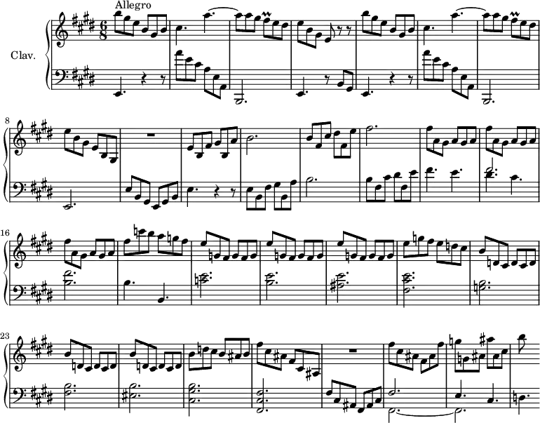 \version "2.18.2"
\header {
tagline = ##f
}
%% les petites notes
trillFisq = { \tag #'print { fis8\prall } \tag #'midi { \times 2/3 { fis16 gis fis } } }
upper = \relative c'' {
\clef treble
\key e \major
\time 6/8
\tempo 4. = 120
\set Staff.midiInstrument = #"harpsichord"
b'8^\markup{Allegro} gis e b gis b | cis4. a'~ | a8 a gis \trillFisq e8 dis | e b gis e r8 r8 |
% ms. 5
b''8 gis e b gis b | cis4. a'~ | a8 a gis \trillFisq e8 dis | e b gis e b gis | R2. |
% ms. 10
e'8 b fis' gis b, a' | b2. | b8 fis cis' dis fis, e' | fis2. | \repeat unfold 3 { fis8 a, gis a gis a } |
% ms. 17
fis'8 c' b a g fis | \repeat unfold 3 { e8 g, fis g fis g } | e'8 g fis e d cis | \repeat unfold 3 { b d, cis d cis d } |
% ms. 25
b'8 d cis b ais b | fis' cis ais fis cis ais | R2. | fis''8 cis ais fis ais fis' | g g, ais ais' ais, cis | b'
}
lower = \relative c {
\clef bass
\key e \major
\time 6/8
\omit Staff.TimeSignature
\set Staff.midiInstrument = #"harpsichord"
% **************************************
e,4. r4 r8 | a''8 e cis a e a, | b,2. | e4. r8 b'8 gis | e4. r4 r8 | a''8 e cis a e a, | b,2. | e2. | e'8 b gis e gis b |
% ms. 10
e4. r4 r8 | e8 b fis' gis b, a' | b2. | b8 fis cis' dis fis, e' | fis4. e |
% ms. 15
<< { fis2. } \\ { dis4. cis } >> < b fis' >2. | b4. b, | < c' e >2. < b e > < ais e' > < fis cis' e > < g b > < fis b > < eis b' >
% ms. 25
< cis gis' b >2. < fis, cis' fis > fis'8 cis ais fis ais cis << { fis2. e4. cis } \\ { fis,2.~ fis2. } >> | d'4.
}
thePianoStaff = \new PianoStaff <<
\set PianoStaff.instrumentName = #"Clav."
\new Staff = "upper" \upper
\new Staff = "lower" \lower
>>
\score {
\keepWithTag #'print \thePianoStaff
\layout {
#(layout-set-staff-size 17)
\context {
\Score
\override SpacingSpanner.common-shortest-duration = #(ly:make-moment 1/2)
\remove "Metronome_mark_engraver"
}
}
}
\score {
\keepWithTag #'midi \thePianoStaff
\midi { }
}