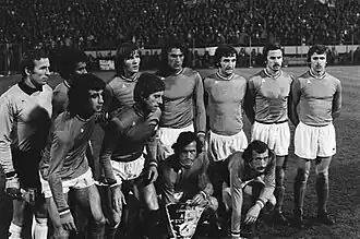 Les Verts de 1976. Debout : Curkovic, Janvion, Bathenay, Piazza, Farison, Lopez, Synaeghel. Accroupis : Rocheteau, Larqué et les frères Revelli.
