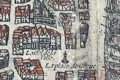 Hôtel de ville avant sa reconstruction, commencée en 1533[9] ; au premier plan, la place de Grève et en arrière-plan, l'église disparue de Saint-Jean-en-Grève.
