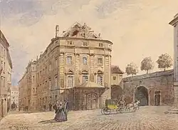 Grand bâtiment de quatre étages formant l'angle d'une rue et d'une place.L'ancien Theater am Kärntertor près duquel était la maison où mourut Vivaldi.