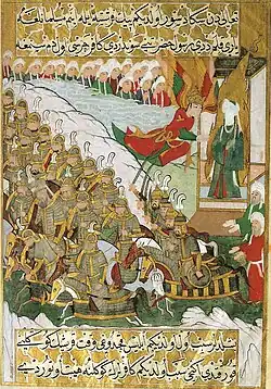 Dessin d'une armée, des cavaliers et chevaux au premier plan, un homme surélevé dont le visage n'est pas dessiné, près d'un ange.