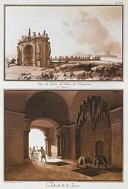 Gravure du portique monumental (en haut) conduisant à la villa Palagonia, par Houël.