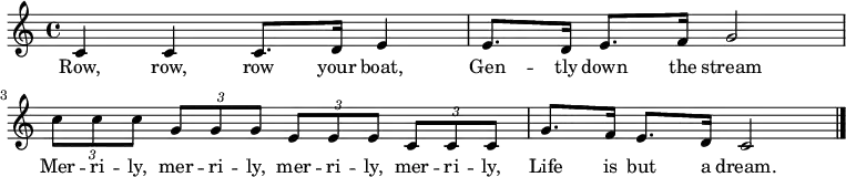 

\new Staff {
\relative c' {
  \key c \major
  \time 4/4
  c4 c c8. d16 e4 e8. d16 e8. f16 g2 \break
\times 2/3 { c8 c c } \times 2/3 { g8 g g } \times 2/3 { e8 e e } \times 2/3 { c8 c c } g'8. f16 e8. d16 c2 \break
\bar "|."
} }
\addlyrics {
\lyricmode {
    Row, row, row your boat,
    Gen -- tly down the stream
    Mer -- ri -- ly, mer -- ri -- ly, mer -- ri -- ly, mer -- ri -- ly,
    Life is but a dream.
} }

  \midi {
    \context {
      \Score
      tempoWholesPerMinute = #(ly:make-moment 80 4)
    }
  }
