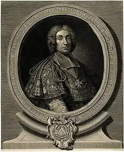 Portrait de trois-quarts d'un buste d'homme inscrit dans un ovale portant inscriptions et blason.