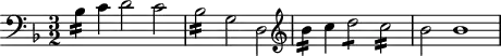 \header {
tagline = ##f
}
\score {
\new Staff \with {
}
<<
\relative c' {
\clef bass
\key d \minor
\time 3/2
\tempo 2 = 78
\set Staff.midiInstrument = #"harpsichord"
\override TupletBracket #'bracket-visibility = ##f
%\autoBeamOff
%%%%%%%
bes4:16 c d2 c | bes:16 g d |
\clef treble
bes''4:16 c d2:8 c:16 bes2 bes1
}
>>
\layout {
\context { \Score \remove "Metronome_mark_engraver" }
}
\midi {}
}
