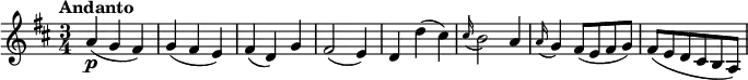 \relative c'' {
\version "2.18.2"
\key d \major
\tempo "Andanto"
\time 3/4
\tempo 4 = 90
a4\p (g fis)
g (fis e)
fis (d) g
fis2 (e4)
d d' (cis)
\grace cis16 (b2) a4
\grace a16 (g4) fis8 (e fis g)
fis (e d cis b a)
}
