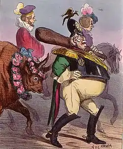 Dessin coloré figurant un soldat ventripotent, une massue sur l'épaule, précédant un bœuf orné de couronnes de fleurs
