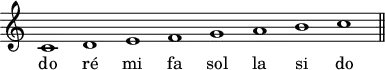 
\header {
  tagline = ##f
}

\score {
  \new Staff \with {
    \remove "Time_signature_engraver"
  }
  \relative c' {
    \time 8/1
    \tempo 1 = 55
    \autoBeamOff
    \clef treble
    \override Rest #'style = #'classical

    c1 d e f g a b c
    
    \bar "||"
  }
  \addlyrics {
    do ré mi fa sol la si do
  }
  \layout {
    \context {
      \Score
      \remove "Metronome_mark_engraver"
    }
  }
  \midi {}
}
