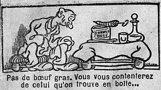 Dessin d'un homme assis sur un tabouret devant une table avec une boîte de corned beef