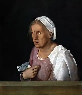 La Vecchia ou La Vieille, toile de lin 68&nbsp;×&nbsp;59&nbsp;cm. Gallerie dell'Accademia de Venise