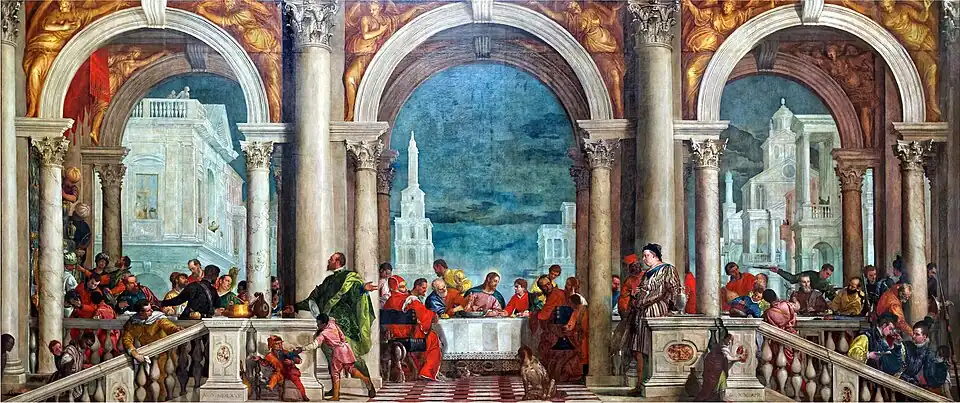 Scène de banquet dans un riche palais d'architecture classique où sont représentés de nombreux convives vêtus à la mode du XVIe siècle, certains assis, d'autres debout, en train de manger, boire et discuter.