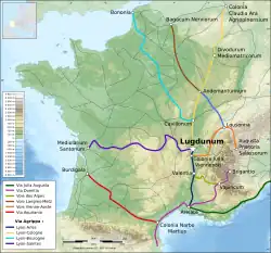 Carte moderne représentant les voies romaines au départ de Lugdunum.
