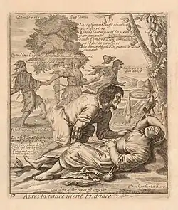 Dans un cadre champêtre, des paysans dansent en farandole après avoir manger un bon repas (table avec aliments à droite). Au premier plan, un homme s'approche d'une femme endormie et lui pose la main sur le sein. Lettre en haut, à gauche, une sentence : Attendez moy - souz l'orme. Dessous, au centre, un commentaire : Loccasion dit'on est chauue / par derriere / Afin de lattraper il la prend / par deuant / Soubs l'ombre d'un ormeau lon / uoit sur la poussiere / A la dance des gueux les guenilles uont / auuent. // Quand tous les gueux dancent les guenilles vont au vent // Il ne saict sur quel pied dancer - tousiours v a / qui dance. Vers le milieu, à droite : Les biens luy uiennent en dormant // se seruir de locasion // Il cherche ce qui na pas perdu. Dessous, à gauche : Il fait rage auec ses pieds tortus // La necessité et lamour / n'ont point de loy / Il na qun calcon de toile / et si le cul luy brusle / Pendant que l'un / dort l'autre ueille. En bas, au centre : Qui dort disne repos est demy uie, et à droite : Coucher sur la dure. Lettre dans la marge inférieure le titre : 17 - Apres la pance uient la dance.