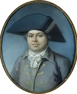 Peinture représentant un homme imberbe portant une veste et coiffé d'un bicorne.
