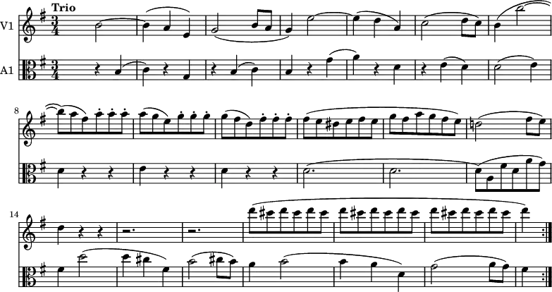 << \new Staff \with { instrumentName = #"V1 "}
\relative c'' {
\version "2.18.2"
\key g \major
\tempo "Trio"
\time 3/4
\tempo 4 = 130
s4 b2 ~ b4 (a e)
g2 (b8 a g4) e'2 ~ e4 (d a)
c2 (d8 c)
b4 (b'2 ~ b8) (a fis) a-. a-. a-.
a (g e) g-. g-. g-.
g (fis d) fis-. fis-. fis-.
fis (e dis e fis e g fis a g fis e)
d!2 (fis8 e)
d4 r r r2. r2.
d'8 (cis d cis d cis d cis d
cis d cis d cis d cis d cis d4) \bar ":|."
}
\new Staff \with { instrumentName = #"A1 "} \relative c'' {
\key g \major
\clef "alto"
s4 r b, (c) r g r b (c) b r g' (a) r d, r e (d)
d2 (e4) d4 r r e r r d r r
d2. (d d8) (a fis' d a' g)
fis4 d'2 (d4 cis fis,)
b2 (cis8 b)
a4 b2 (b4 a d,)
g2 (a8 g) fis4
}
>>