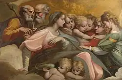 Groupe de deux vieillards et d'enfants, dont on ne voit que les têtes, autour d’une jeune femme, assise, portant une robe rose et un long châle gris.