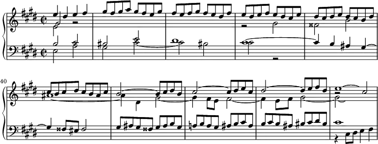 \version "2.18.2"
\header {
tagline = ##f
}
upper = \relative c'' {
\clef treble
\key cis \minor
\time 2/2
\tempo 2 = 63
\set Score.currentBarNumber = #35
<< { e4 dis e fis gis8 fis gis a gis fis e gis fis e fis gis fis e dis fis } \\ { e,2 } \\ { gis2 g2\rest } >>
<< { e'8 dis e fis e dis cis e dis cis dis e dis cis b dis cis b cis dis cis b ais cis } \\ { r2 gis2 fisis b ais1~ } >>
<< { b2~ b8 cis dis b cis2~ cis8 dis e cis dis2~ dis8 e fis dis e1*1/2~ \hideNotes e4 } \\ { ais,4 dis, gis2~ gis4 fis8 e fis2~ fis4 e8 fis gis2~ gis2*1/3~ \hideNotes gis1*1/4 } \\ { s1*3 b2\rest cis2 } >>
}
lower = \relative c' {
\clef bass
\key cis \minor
\time 2/2
<< { b2 cis bis2 e dis1 cis~ cis4 b ais gis~ gis fisis8 eis fisis2 } \\ { e2 a gis cis~ cis bis cis r2 } >>
<< { gis8 ais gis fisis gis ais b gis | a! b a gis ais b cis ais | b cis b ais bis cis dis bis } \\ {} >>
<< { cis1 } \\ { r4 cis,8 dis e4 fis } >>
}
\score {
\new PianoStaff <<
\new Staff = "upper" \upper
\new Staff = "lower" \lower
>>
\layout {
indent = #0
\context {
\Score
\remove "Metronome_mark_engraver"
\override SpacingSpanner.common-shortest-duration = #(ly:make-moment 1/2)
}
}
\midi { }
}