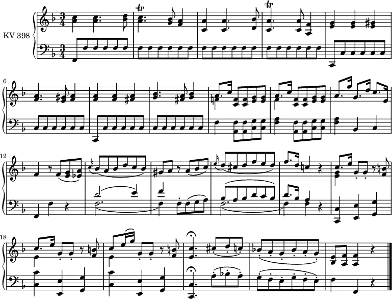 \version "2.14.2"
\version "2.14.2"
\header {
tagline = ##f
}
upper = \relative c'' {
\clef "treble"
\key f \major
\time 3/4
\tempo 4 = 85
\set Staff.midiInstrument = #"piano"
<a c>4 <a c>4. <bes d>8
<a c>4.\trill <g bes>8 <f a>4
<c a'>4 <c a'>4. <d bes'>8
<c a'>4.\trill <c a'>8 <a f'>4
<e' g>4 <e g> <e gis>
<f a>4. <e gis>8 <f a>4
<f a>4 <f a> <fis a>
<g bes>4. <fis a>8 <g bes>4
<<{ \stemUp a8. c16} \\ {\stemDown f,!4}>> \stemUp <c f>8 <c f> <e g> <e g>
<<{a8. c16} \\ {\stemDown f,4}>> \stemUp <c f>8 <c f> <e g> <e g>
a8. f'16 g,8. d'16 c8. e,16
f4 r8 f (<e g> <ees a>)
\grace c'16 (bes8) (a bes d c bes)
gis a r a (bes c)
\grace e16 (d8) (cis d f e d)
f8. d16 c!4 r
<<{\stemUp c8. e16} \\ {\stemDown <e, g>4}>> g8-. g-. r <f b>
<<{\stemUp c'8. e16} \\ {\stemDown e,4}>> g8-. g-. r <f b>
<<{\stemUp c'8 e16 (g)} \\ {\stemDown e,4}>> g8-. g-. r <f b>
<e c'>4. \fermata cis'8-. (d-. c-.)
bes!-. (a-. g-. bes-. a-. g-.)
<bes, e>8 <a f'> <a f'>4 r \bar "|."
}
lower = \relative c {
\clef "bass"
\key f \major
\time 3/4
\set Staff.midiInstrument = #"piano"
\set Staff.midiMinimumVolume = #0.2 \set Staff.midiMaximumVolume = #0.5
f,8 f' \repeat unfold 22 {f}
c, c'
\repeat unfold 10 {c8 }
c, c' \repeat unfold 10 {c8 }
f4 <a, f'>8 <a f'> <c g'> <c g'>
<f a>4 <a, f'>8 <a f'> <c g'> <c g'>
<f a>4 bes,4 c
f, f' r
<<{\stemDown f2. _(f4)} \\ {\stemUp d'2 ^ (e4) f}>>
f,8-. f (g a)
<<{\stemDown f2. _(f4) f} \\ {\stemUp bes8 ^ (a bes d c bes) d8. bes16 a4}>> r4
<c,, c'> <e e'> <g g'>
\repeat unfold 2 {<c c'> <e, e'> <g g'>}
<c, c'>4. \fermata a''8-. (bes!-. a-.)
g-. (f-. e-. g-. f-. e-.)
f4 f, r \bar "|."
}
\score {
\new PianoStaff <<
\set PianoStaff.instrumentName = #"KV 398"
\new Staff = "upper" \upper
\new Staff = "lower" \lower
>>
\layout {
\context {
\Score
\remove "Metronome_mark_engraver"
}
}
\midi { }
}