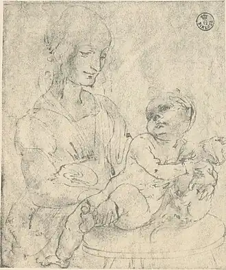 Dessin à l’encre brune de la Vierge Marie tenant sur un tabouret l’Enfant Jésus qui embrasse un chat.